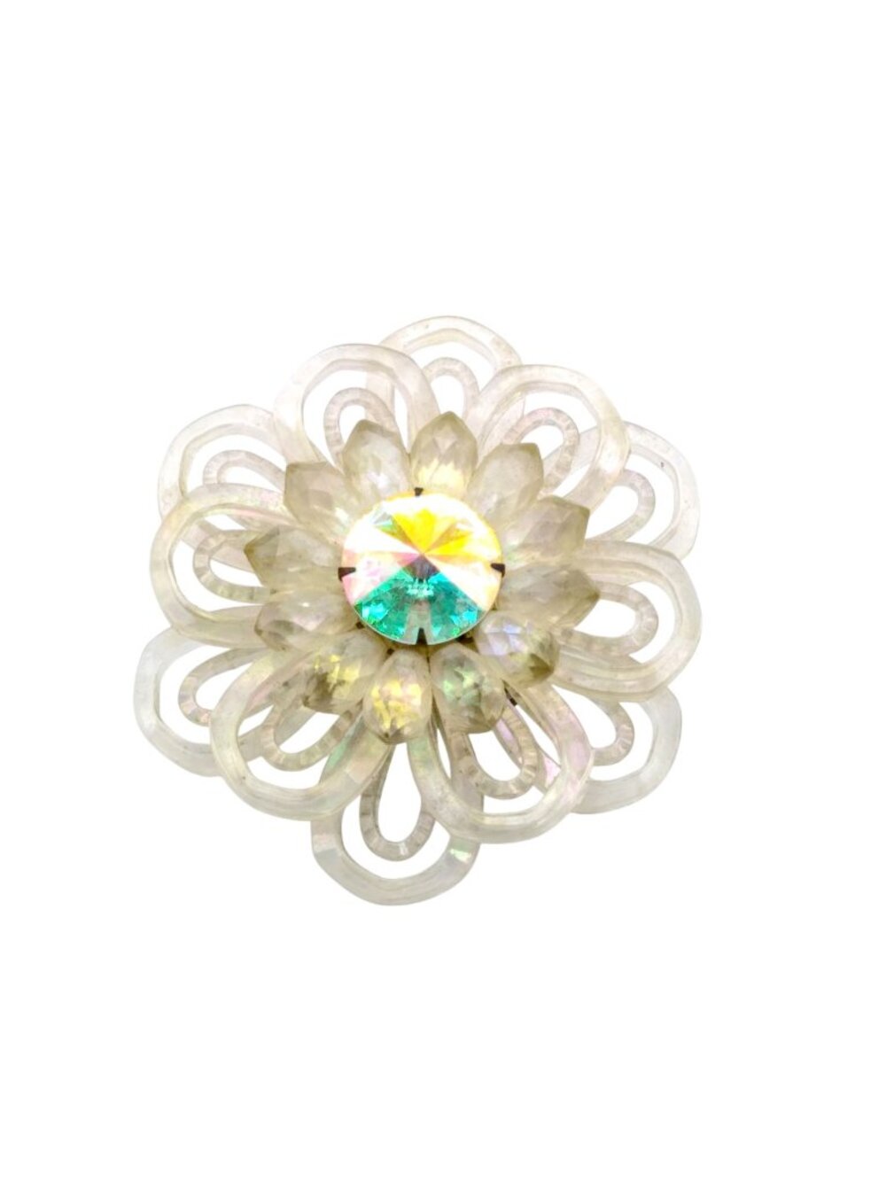 Fabulous Iridescent Acrylic Flower Brooch, Vintage Formed Petals with Teardrop